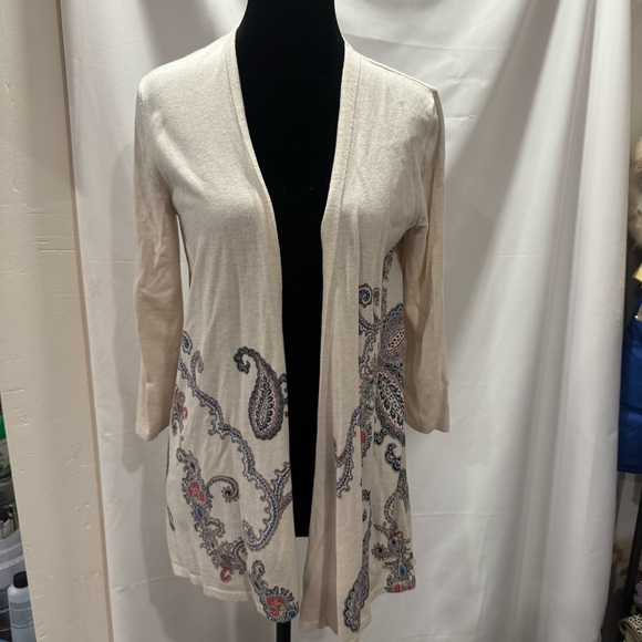 J. Jill Sweater Women's XS Beige Paisley Open Front Cardigan 3/4 Sleeve - Picture 1 of 4